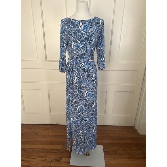 Boston Proper Dresses & Skirts - Boston Proper Mosaic Medallion Belted Maxi Dress Womens Size 4 Blue White